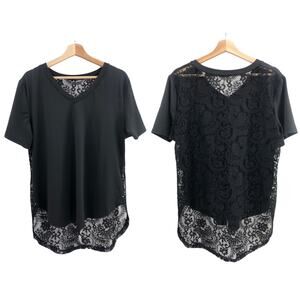 Shein XL Curve Black Open Lace Back Short Sleeve V Neck Fishtail Hem Top